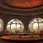 Modern interior with circular designs, warm lighting, sleek furniture, and raised platform