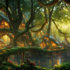 Enchanted forest scene with treehouses, pond, and glowing lights