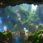 Mystical subterranean cave with lush greenery and glowing lanterns