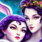 Fantasy Artwork: Two Female Characters with Purple Hair and Rabbit Ears in Floral Crowns