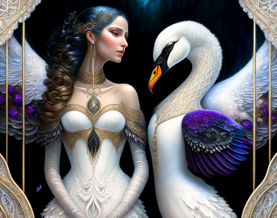 Elaborate hairdo and ornate jewelry woman gazes at colorful feathered swan
