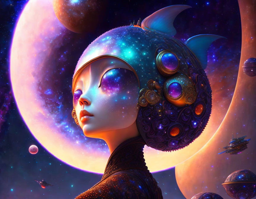 Surreal image of woman with cosmic headdress and celestial backdrop