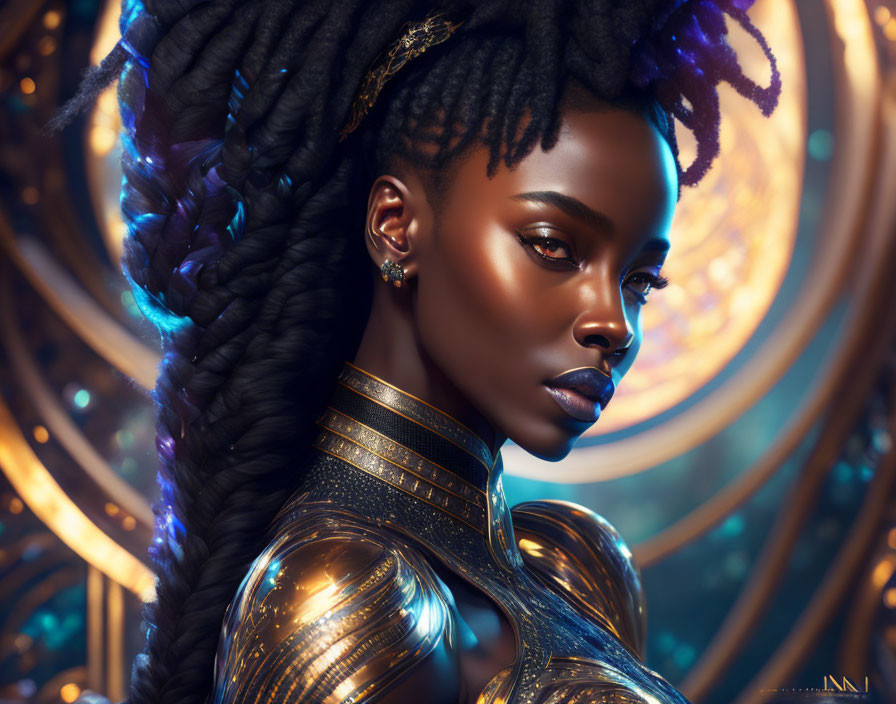 Digital artwork featuring woman with intricate hairstyle and gold armor on golden background.