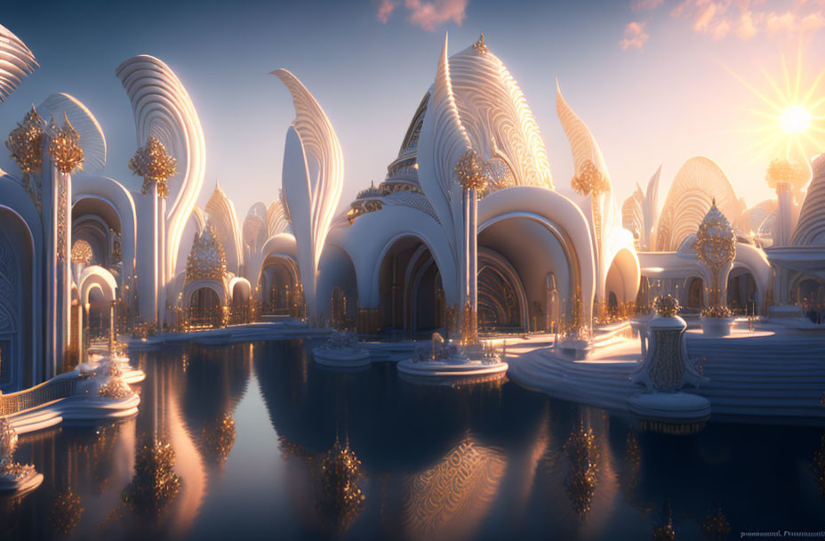 Serene fantasy landscape with white domed structures and golden accents