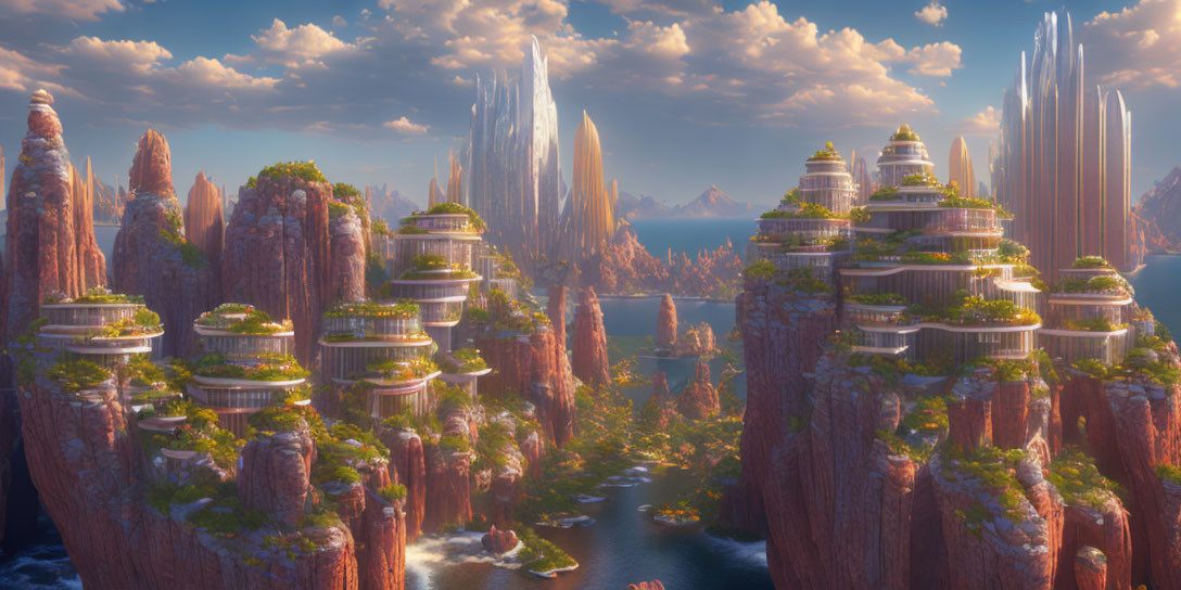 Fantastical landscape with towering rock pillars and futuristic cities amid lush greenery and reflective water.