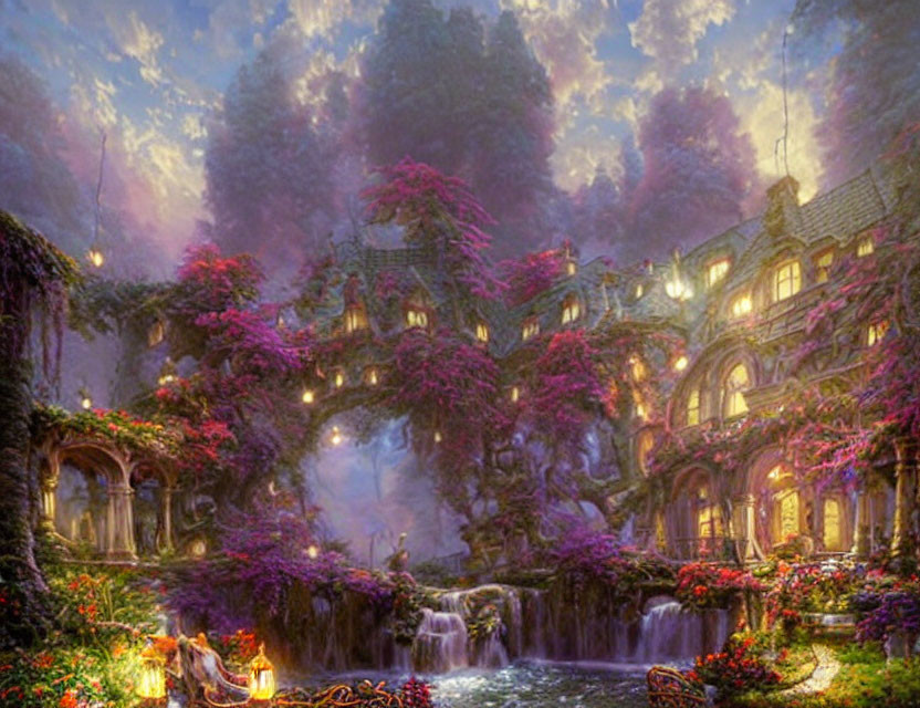 Twilight scene with stone manor, pink flora, waterfalls, greenery, purple sky