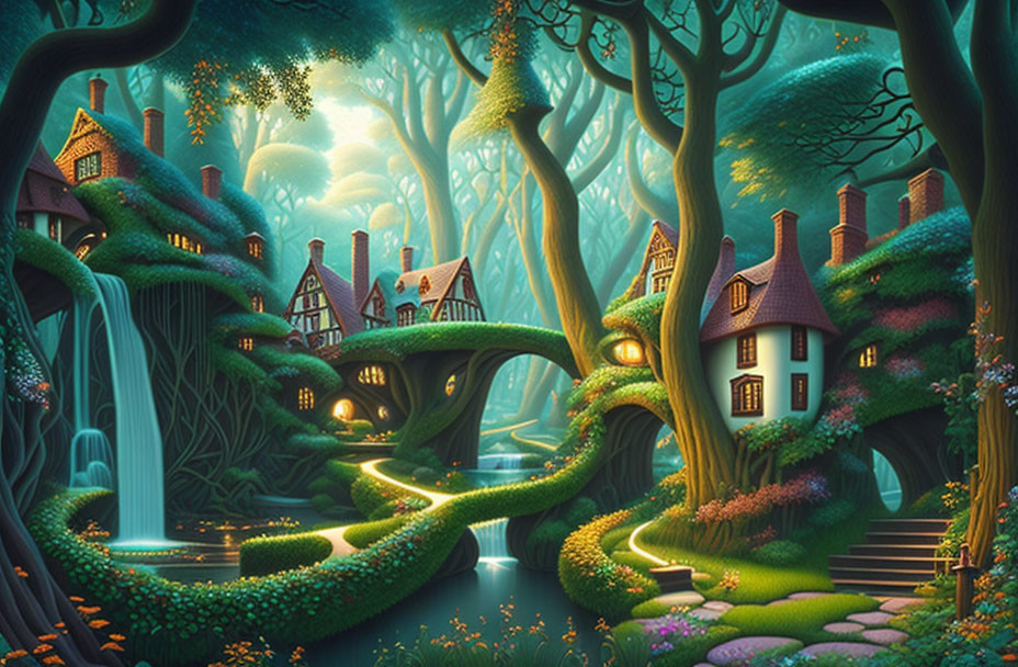 Enchanted forest with whimsical houses, river, waterfalls, and glowing lights