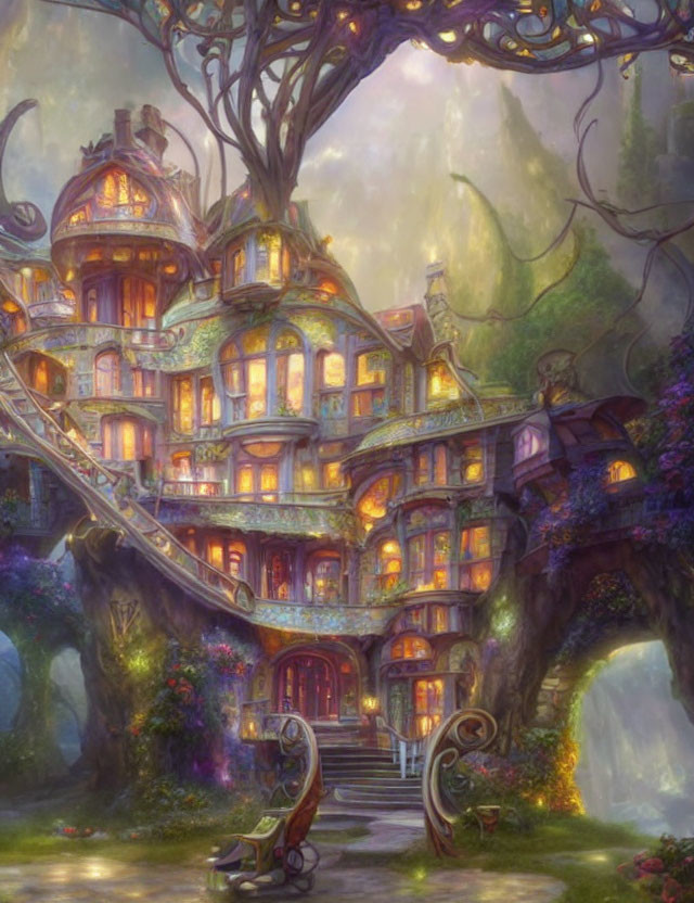 Enchanting multi-story fantasy treehouse nestled in ancient tree