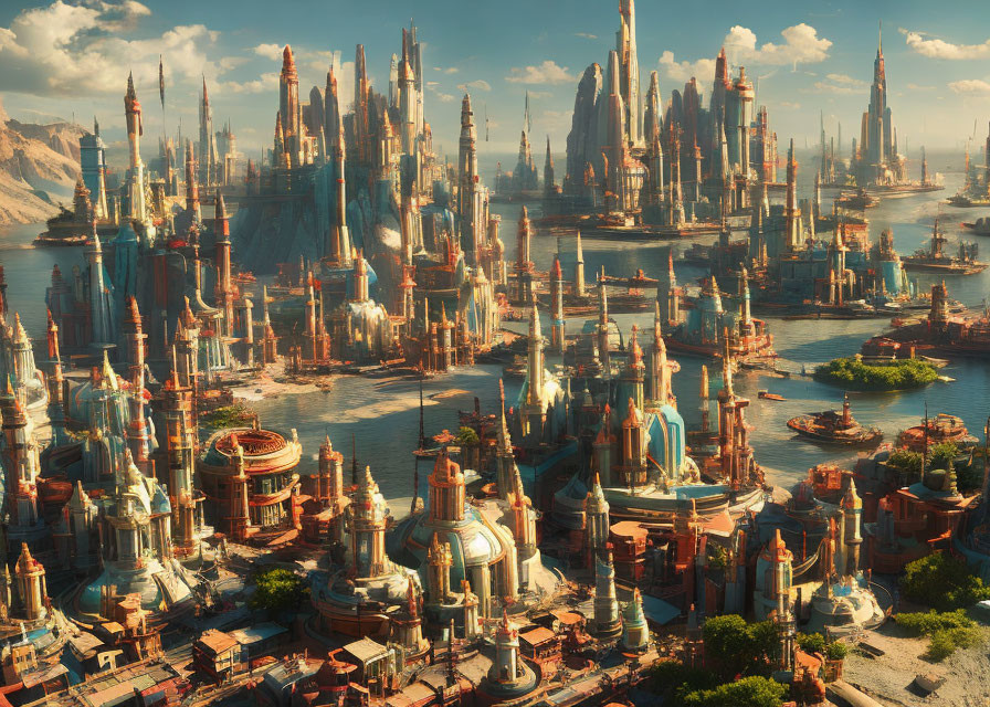 Futuristic cityscape with towering spires and domed buildings by the water