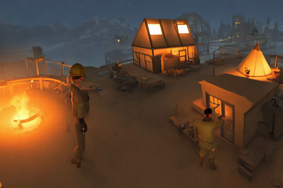 Construction site night scene with workers, fire pit, illuminated buildings, snowy mountains.