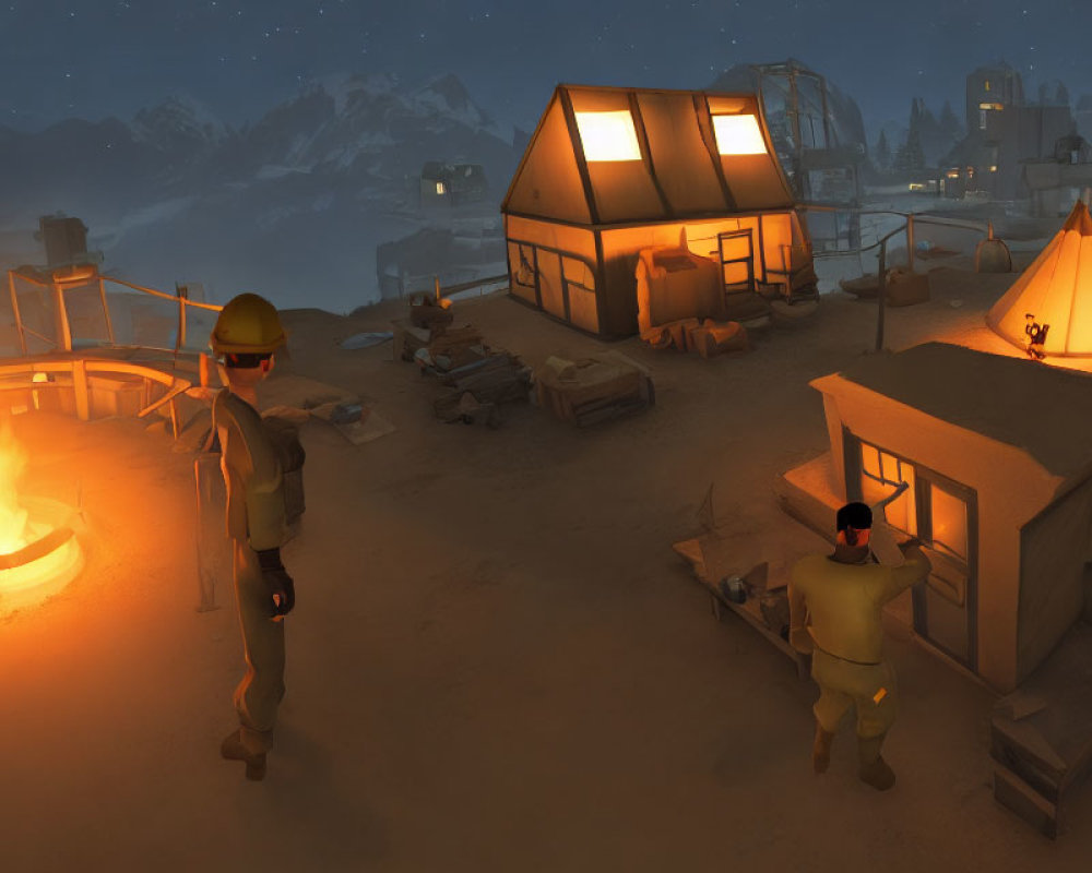 Construction site night scene with workers, fire pit, illuminated buildings, snowy mountains.