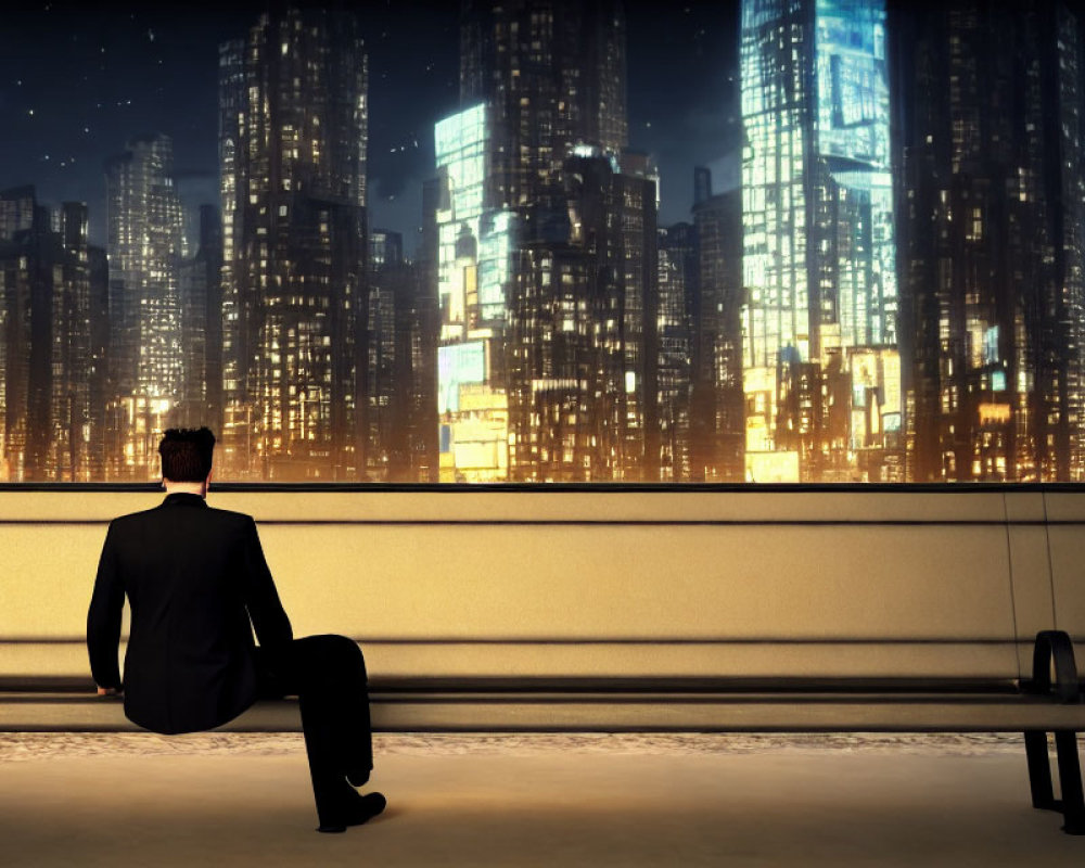 Man in suit gazes at city skyline from bench at night
