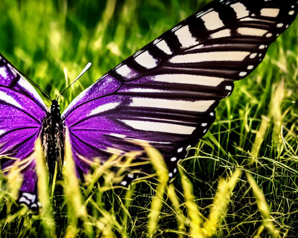 Striped Purple and Black Butterfly on Green Grass with Detailed Wings
