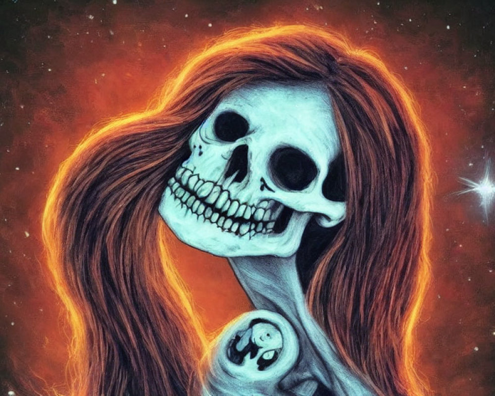 Skeletal figure with skull in fiery cosmic scene