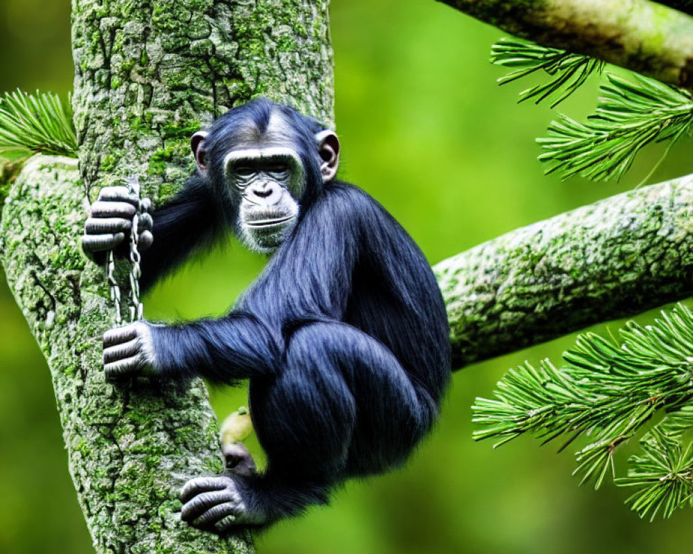 Black chimpanzee with metal chain in lush green forest.