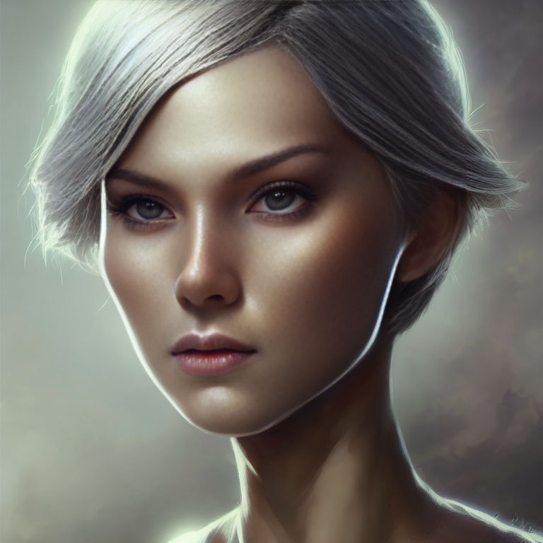 Portrait of Woman with Short Silver Hair and Striking Facial Features
