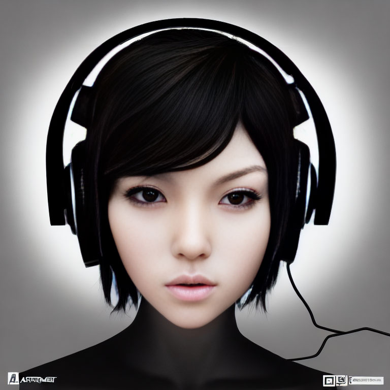 Digital Artwork of Female with Short Black Hair and Black Headphones on Grey Background