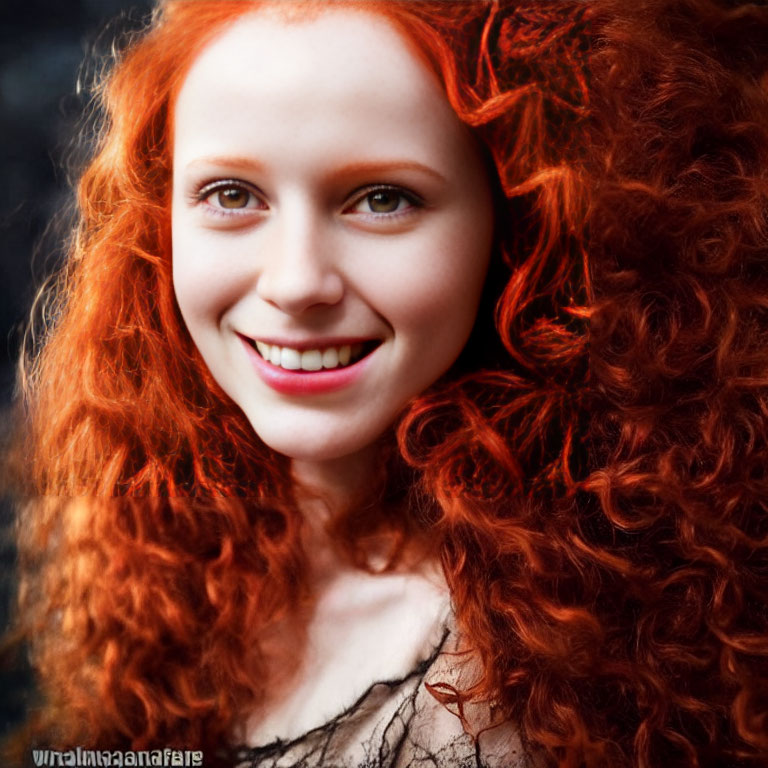 Red-haired woman smiling against blurred background.