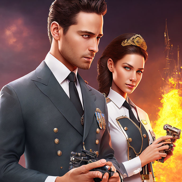 Man and woman in military uniforms with pistols in intense gaze, fiery explosion backdrop.