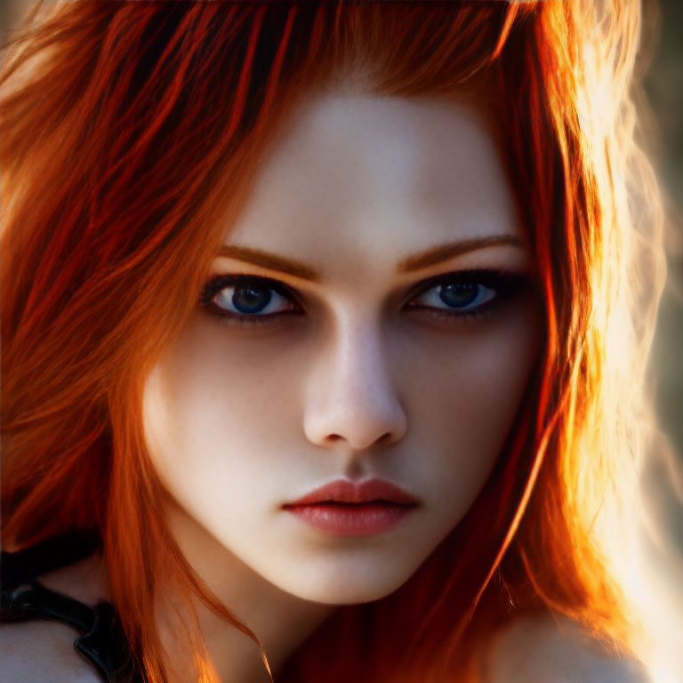Close-up Portrait of Person with Red Hair and Blue Eyes on Warm Background