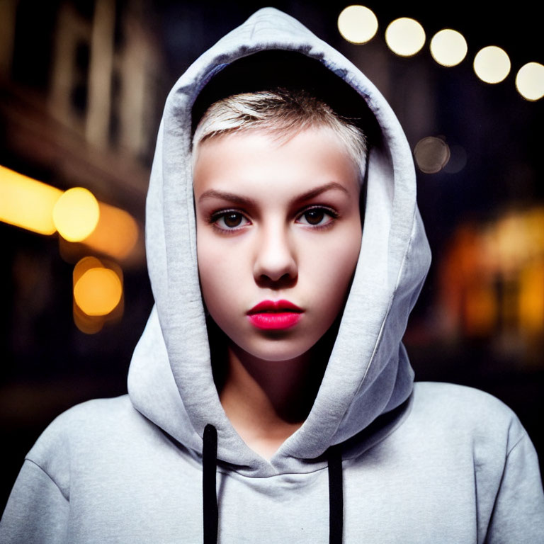 Blond-Haired Person in Grey Hoodie with Red Lipstick on Blurred Background