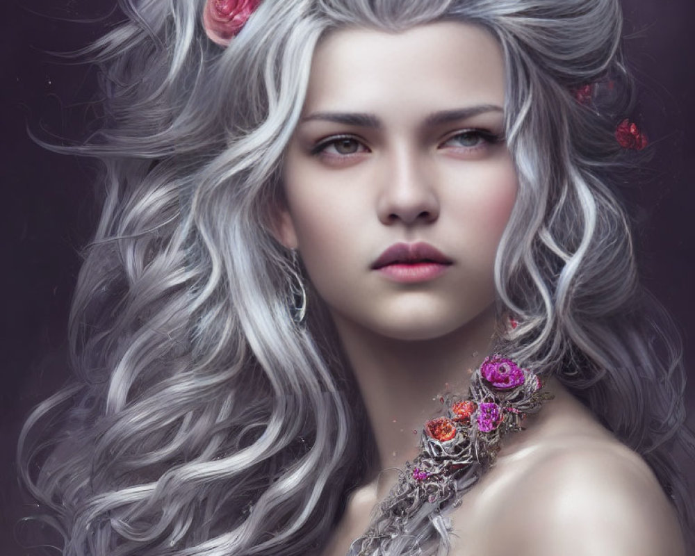 Silver-haired person with red roses, pale skin, and intense gaze on purple background