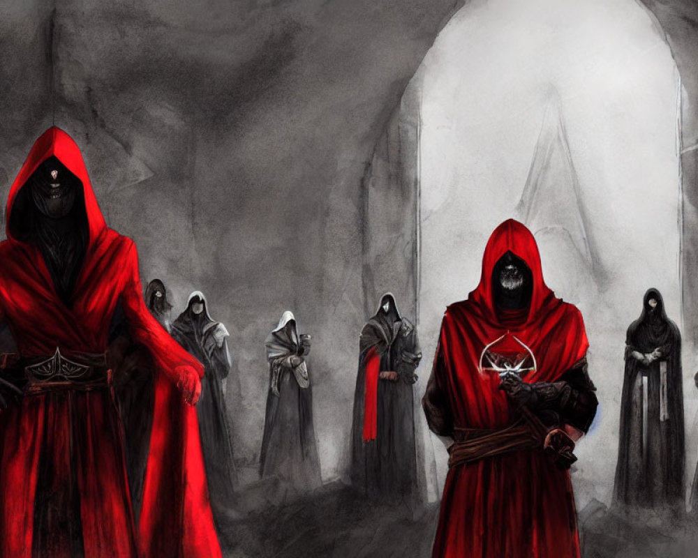 Group of Figures in Red and Black Cloaks in Dimly Lit Cave Setting