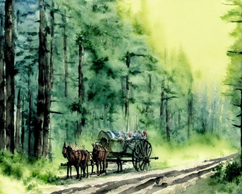 Horse-drawn carriage in forest with sunlight through trees