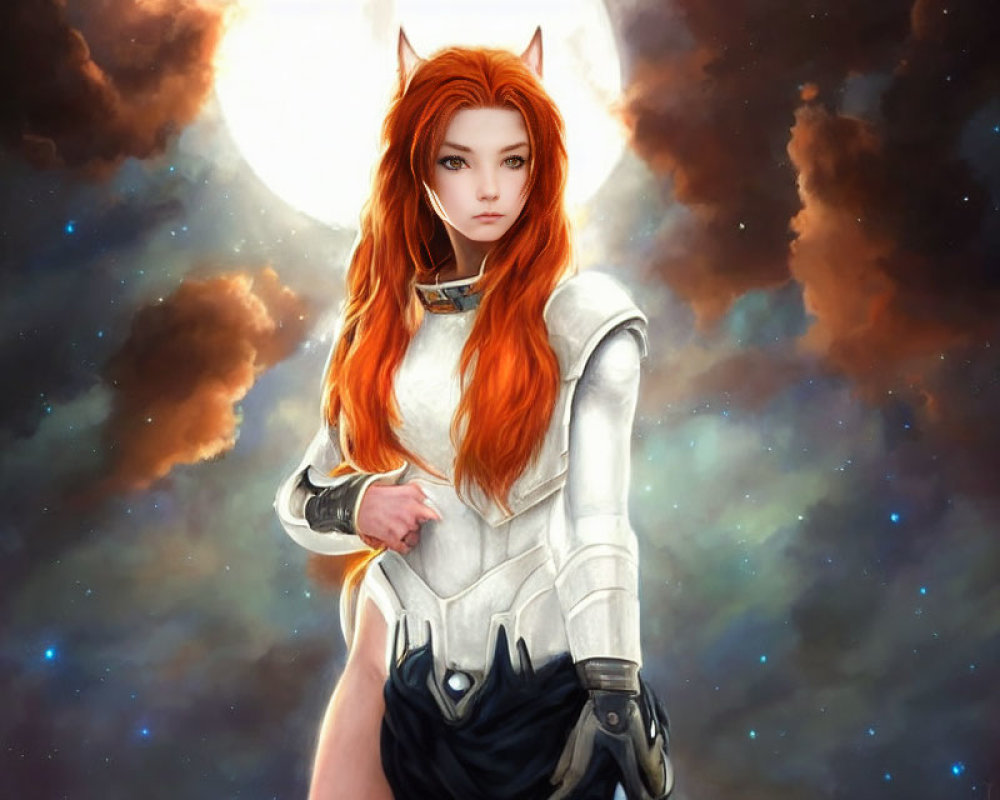 Futuristic digital art: Female humanoid with fox ears in white armor against cosmic backdrop