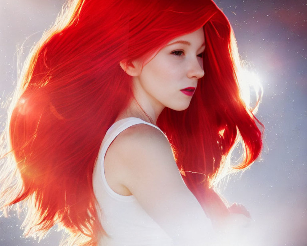 Profile of woman with vibrant red hair against luminous bokeh background
