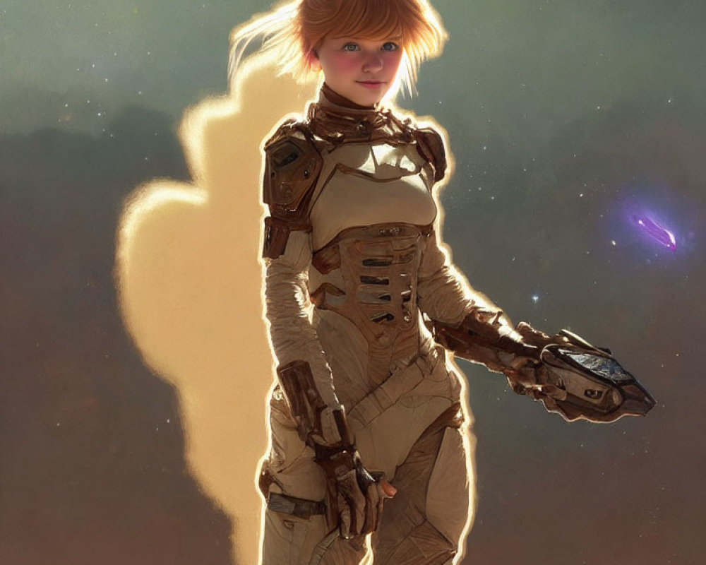 Futuristic female character in illuminated spacesuit with cat-like halo