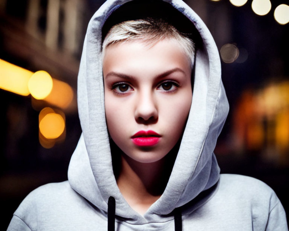 Blond-Haired Person in Grey Hoodie with Red Lipstick on Blurred Background