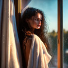Woman in white towel gazes out window at sunset with curly hair and thoughtful expression