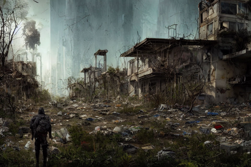 Urban Ruins: Lone Figure in Tactical Gear Amidst Dilapidated Landscape