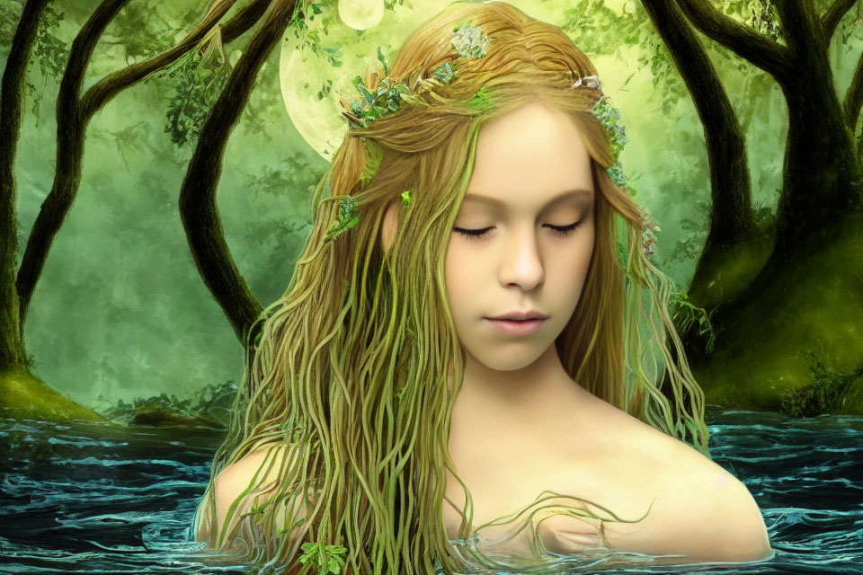 Portrait of a woman with vine-like hair and leafy wreath in forested waterscape