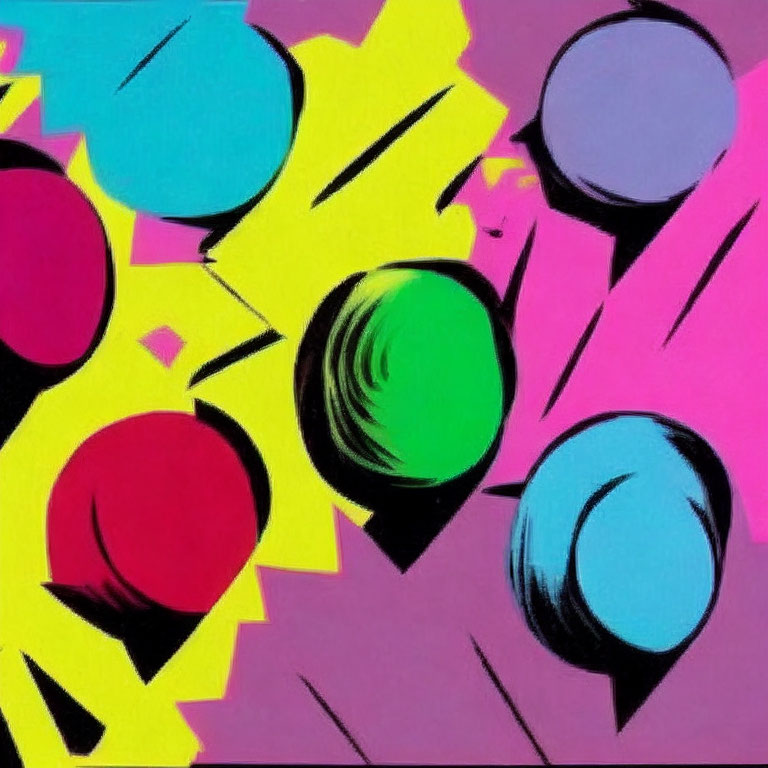 Vibrant Abstract Art: Bright Circles and Yellow Lightning Bolts on Pink