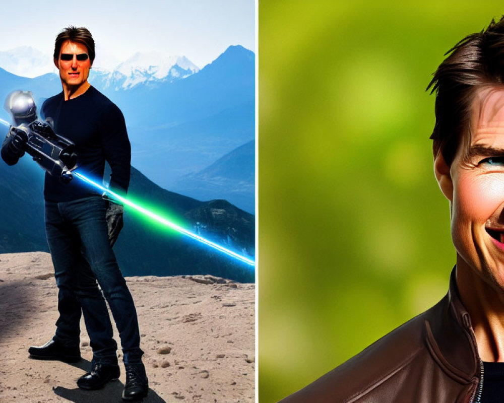 Man with lightsaber in mountainous and green background