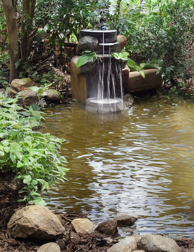 Stone fountain cascading water into lush garden pond