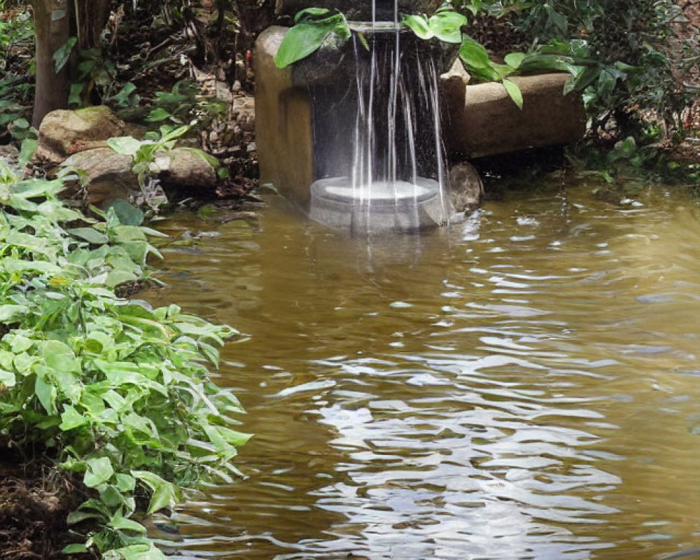 Stone fountain cascading water into lush garden pond