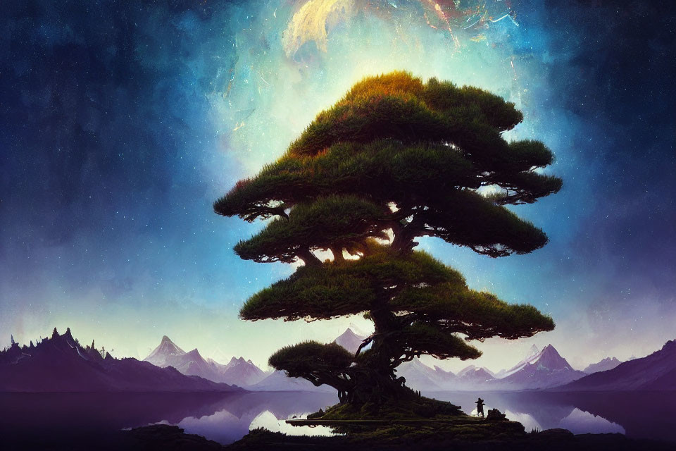 Majestic tree in cosmic setting with person near serene lake