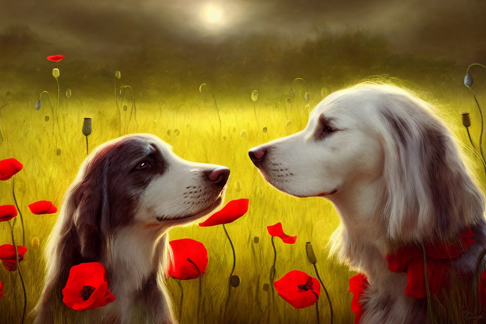 Two dogs in poppy field under soft sun glow