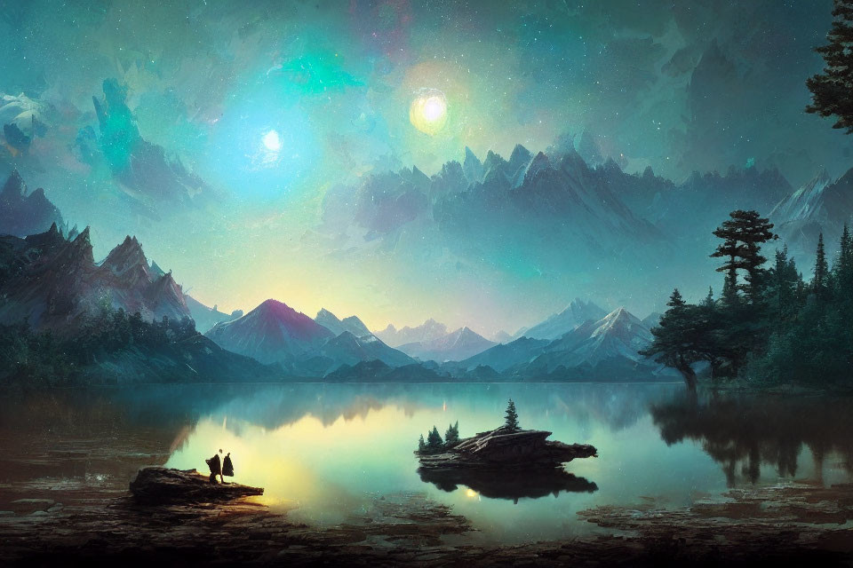 Serene nightscape with couple by still lake, two moons in sky, forest, mountain peaks