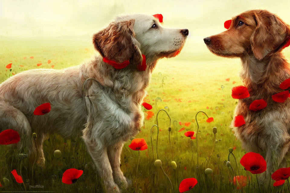 Two dogs in a field with red poppies, one looking upward and the other facing its companion,