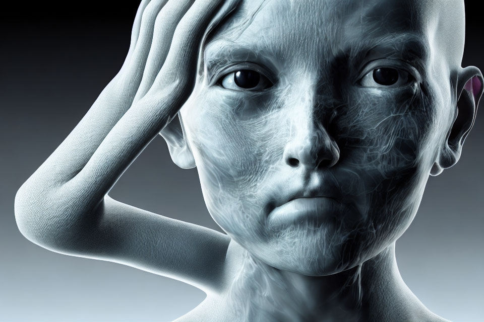 Desaturated 3D-rendered humanoid figure with intricate facial textures