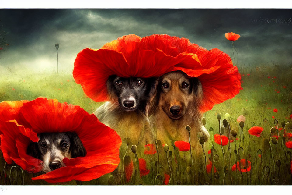 Two dogs with long fur in red poppy field under stormy sky