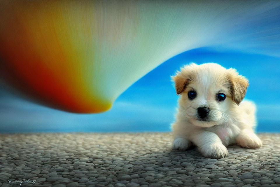 Fluffy white and tan puppy on pebbled surface with colorful background.