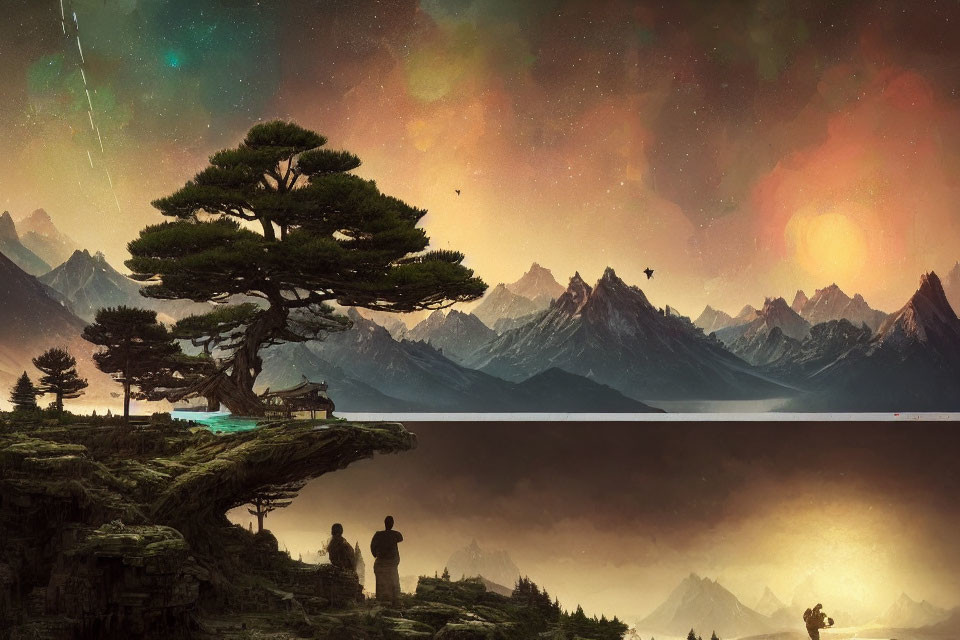 Digital artwork: Two individuals on cliff under tree, viewing starlit mountains
