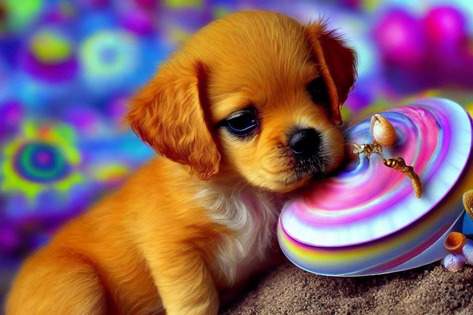 Tan Puppy Sniffing Swirled Shell Among Pink Flowers on Psychedelic Background