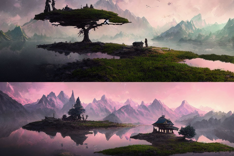 Mystical landscape with floating islands and pink-tinged mountains