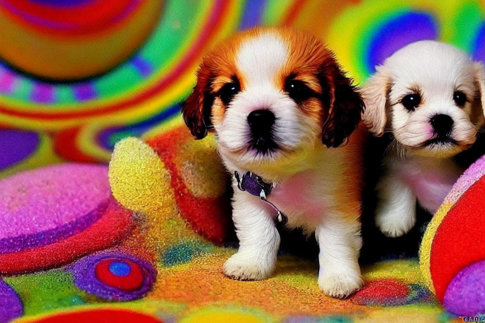 Colorful Psychedelic Background with Two Adorable Puppies